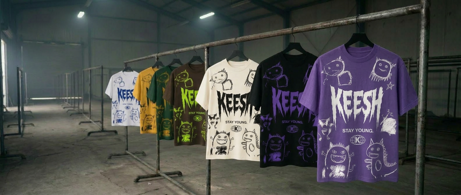 The KEESH Drop 01 rack — the real designs hanging in the warehouse.